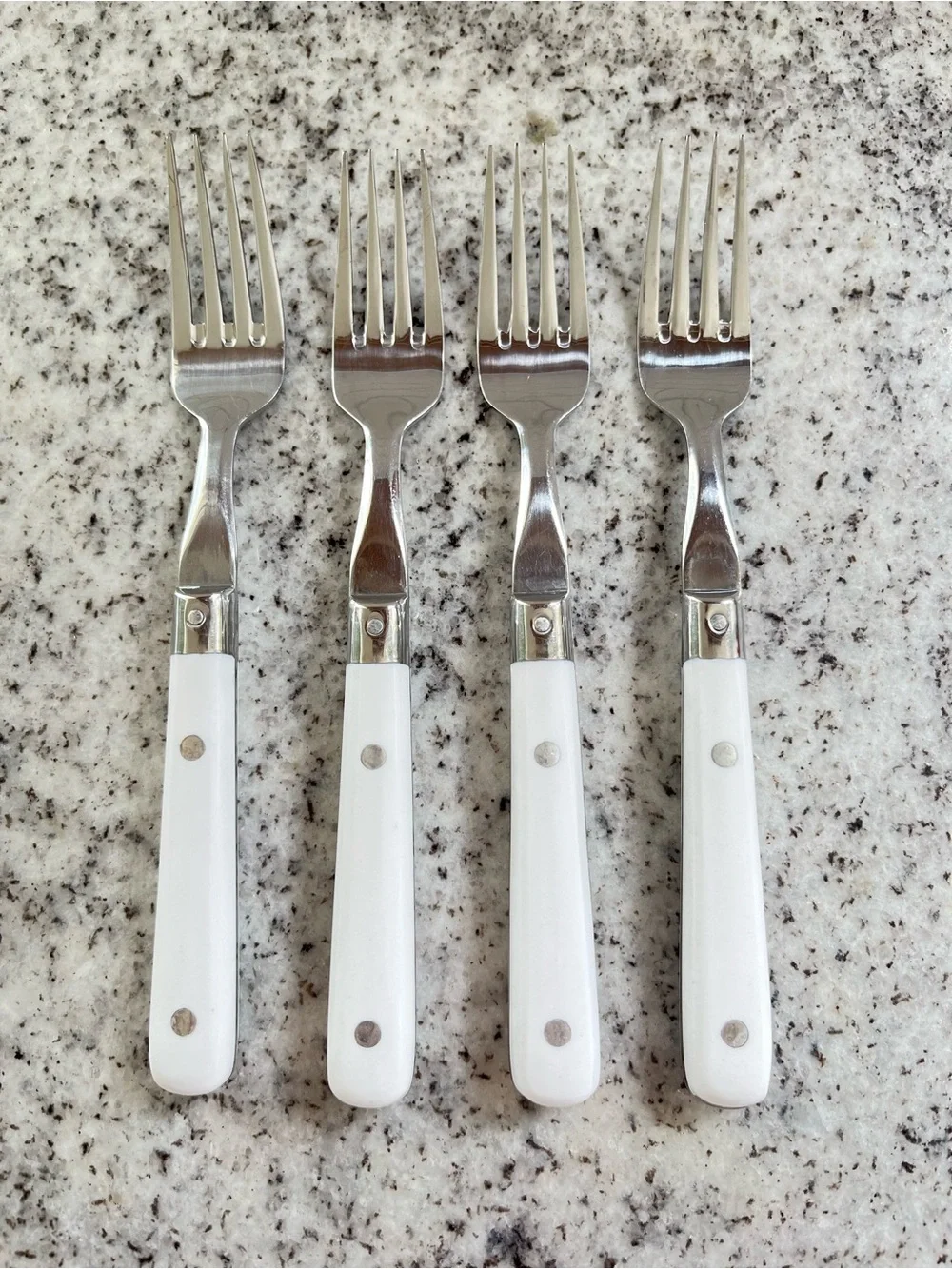 Vintage Carnival White Faux Bone Handle Dinner Forks Set of 4 Stainless Flatware